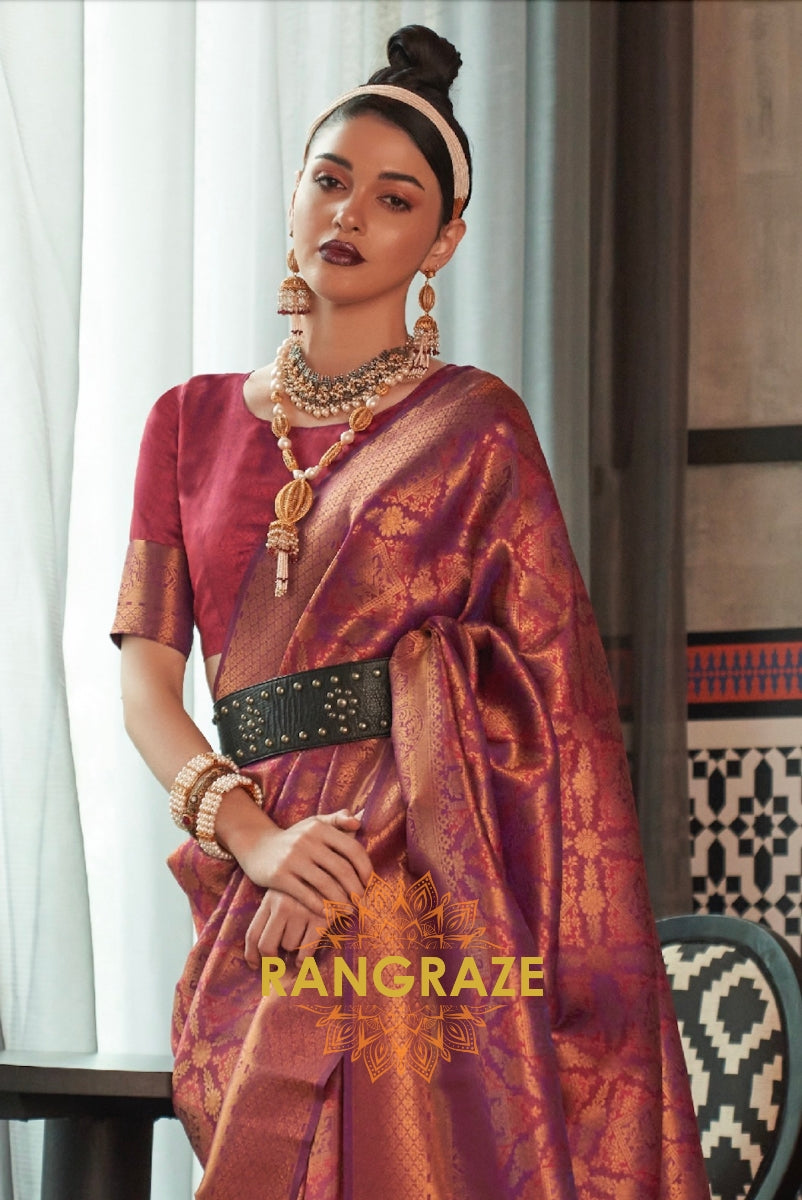 Royal Maroon Woven Kanjivaram Brocade Silk Saree