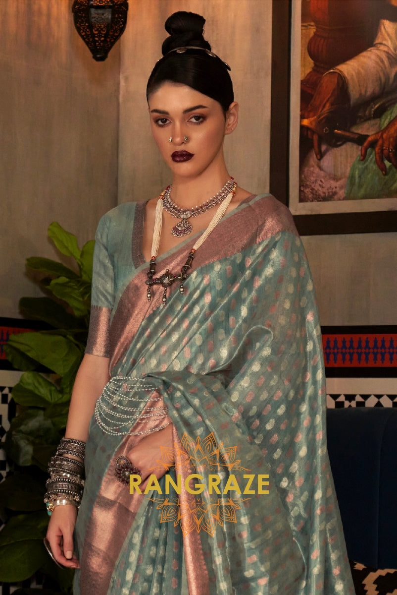 Mystic Metal Green Banarasi Tissue Woven Silk Saree