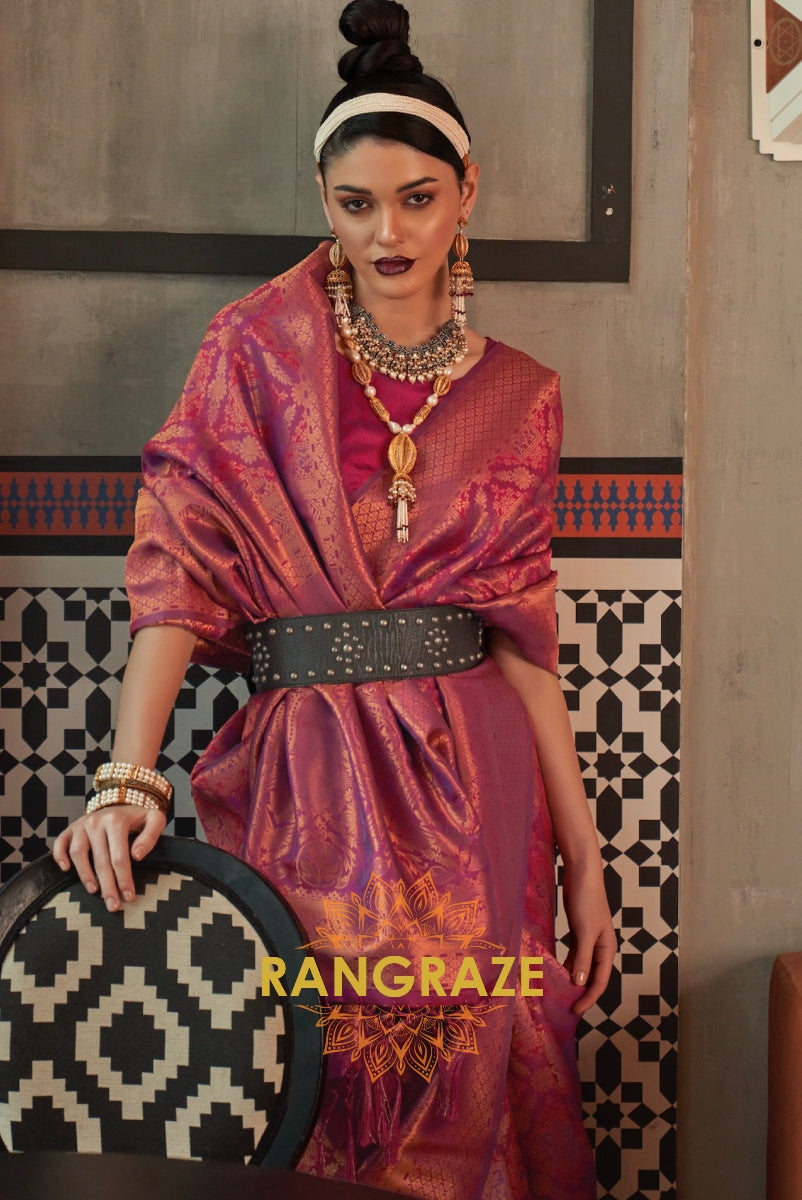 Royal Maroon Woven Kanjivaram Brocade Silk Saree