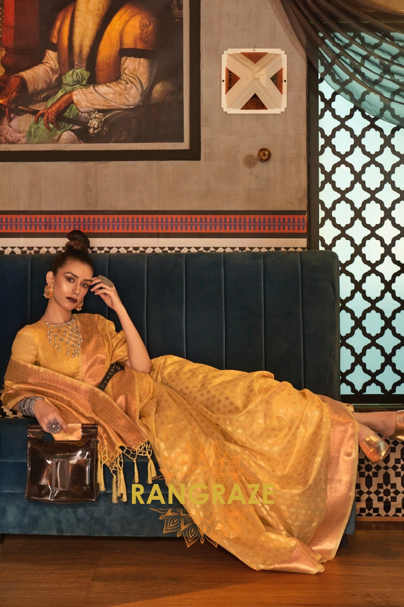 Mystic Golden Yellow Banarasi Tissue Woven Silk Saree