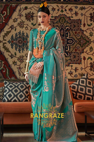 Majestic Turquoise Green Woven Banarasi Brocade Silk Saree