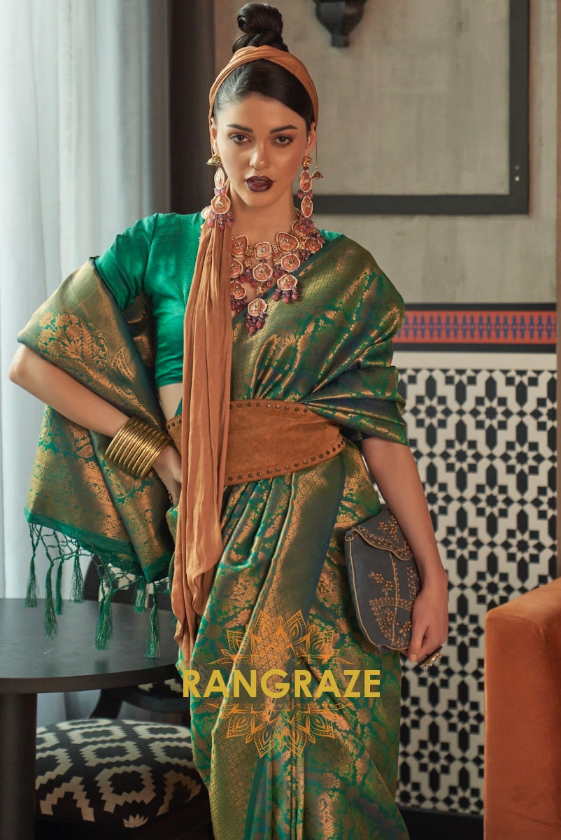 Royal Green Woven Kanjivaram Brocade Silk Saree