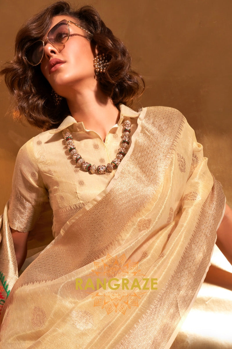 Vintage Golden Beige Woven Banarasi Tissue Silk Saree