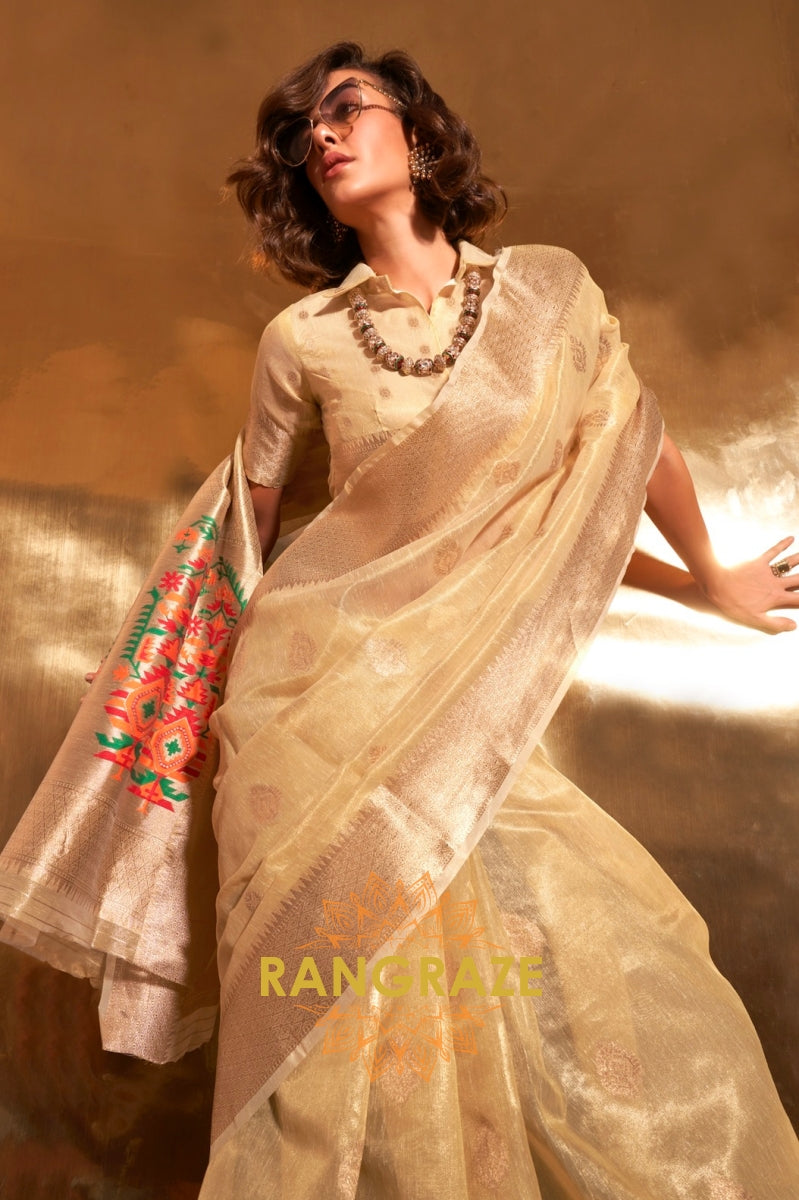 Vintage Golden Beige Woven Banarasi Tissue Silk Saree