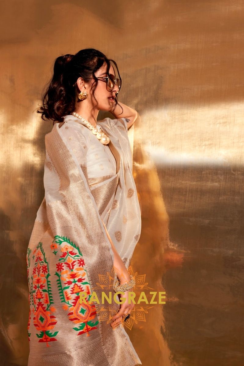 Vintage Golden White Woven Banarasi Tissue Silk Saree