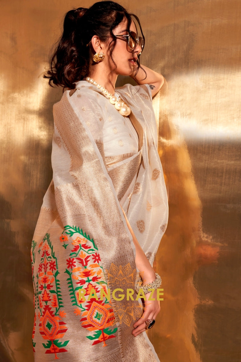 Vintage Golden White Woven Banarasi Tissue Silk Saree