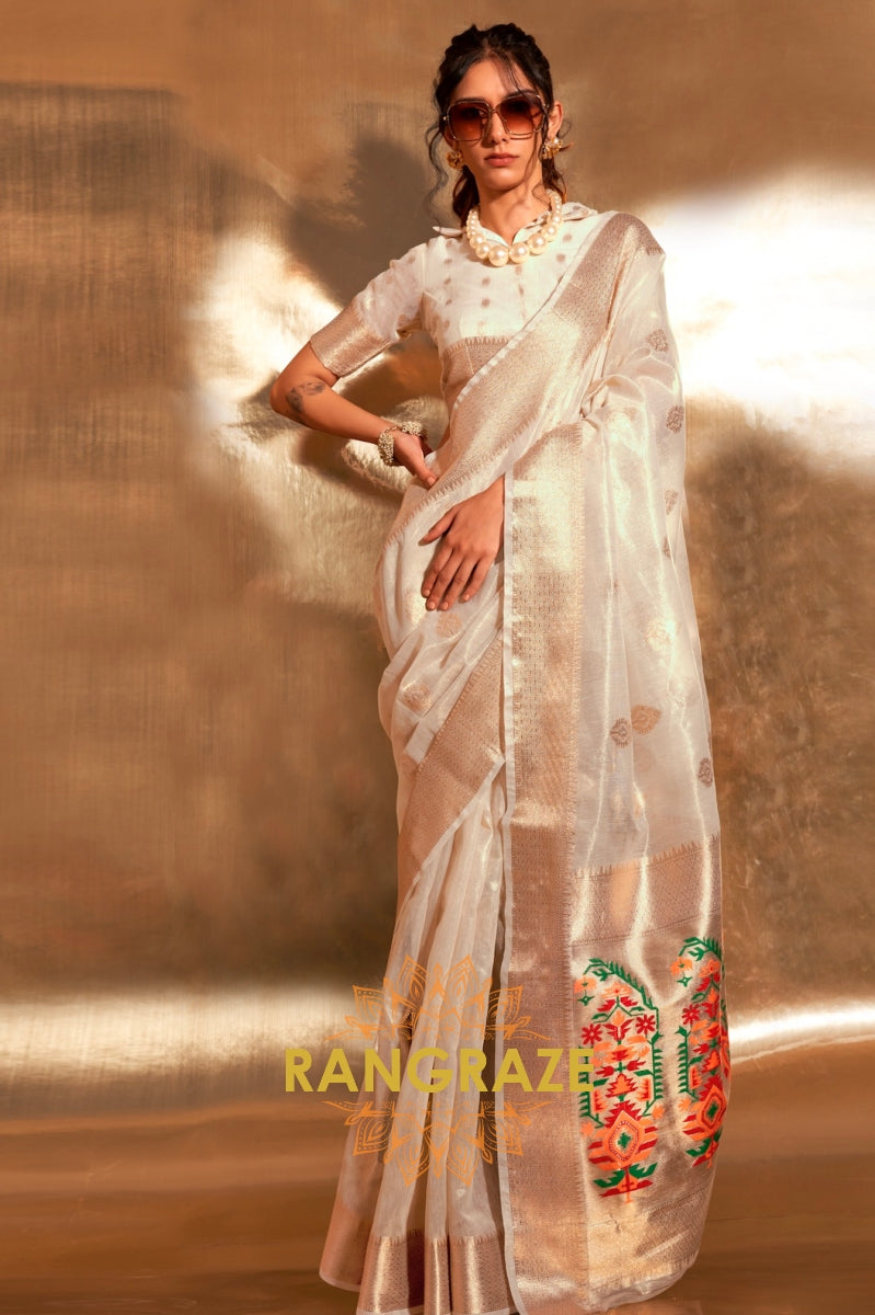 Vintage Golden White Woven Banarasi Tissue Silk Saree