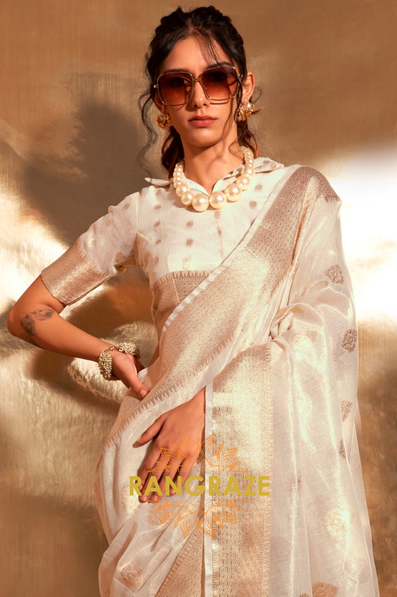 Vintage Golden White Woven Banarasi Tissue Silk Saree