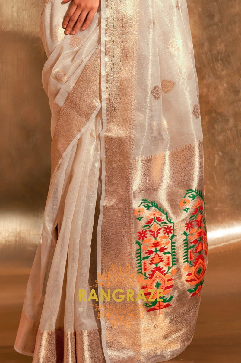 Vintage Golden White Woven Banarasi Tissue Silk Saree