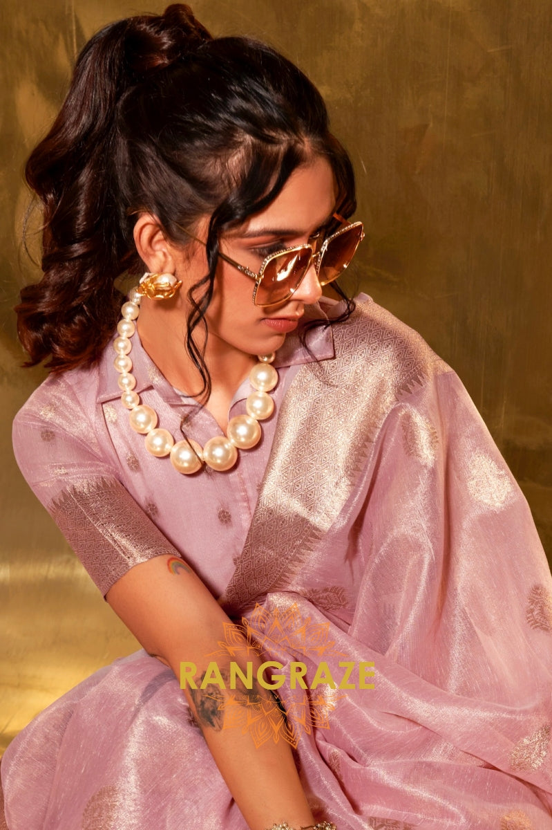 Vintage Golden Pink Woven Banarasi Tissue Silk Saree