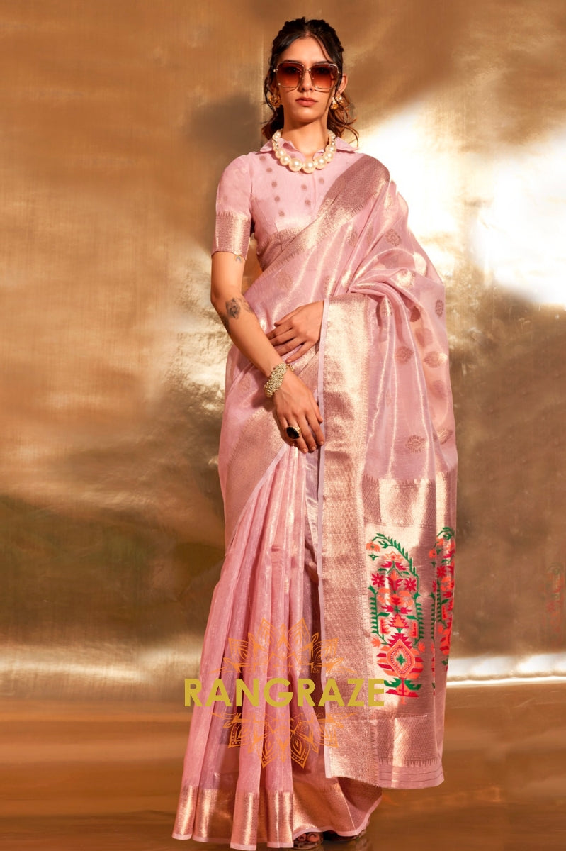 Vintage Golden Pink Woven Banarasi Tissue Silk Saree