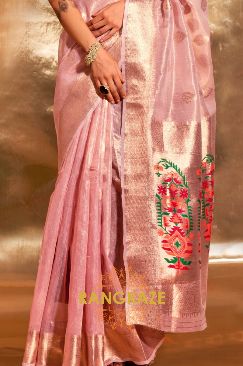 Vintage Golden Pink Woven Banarasi Tissue Silk Saree