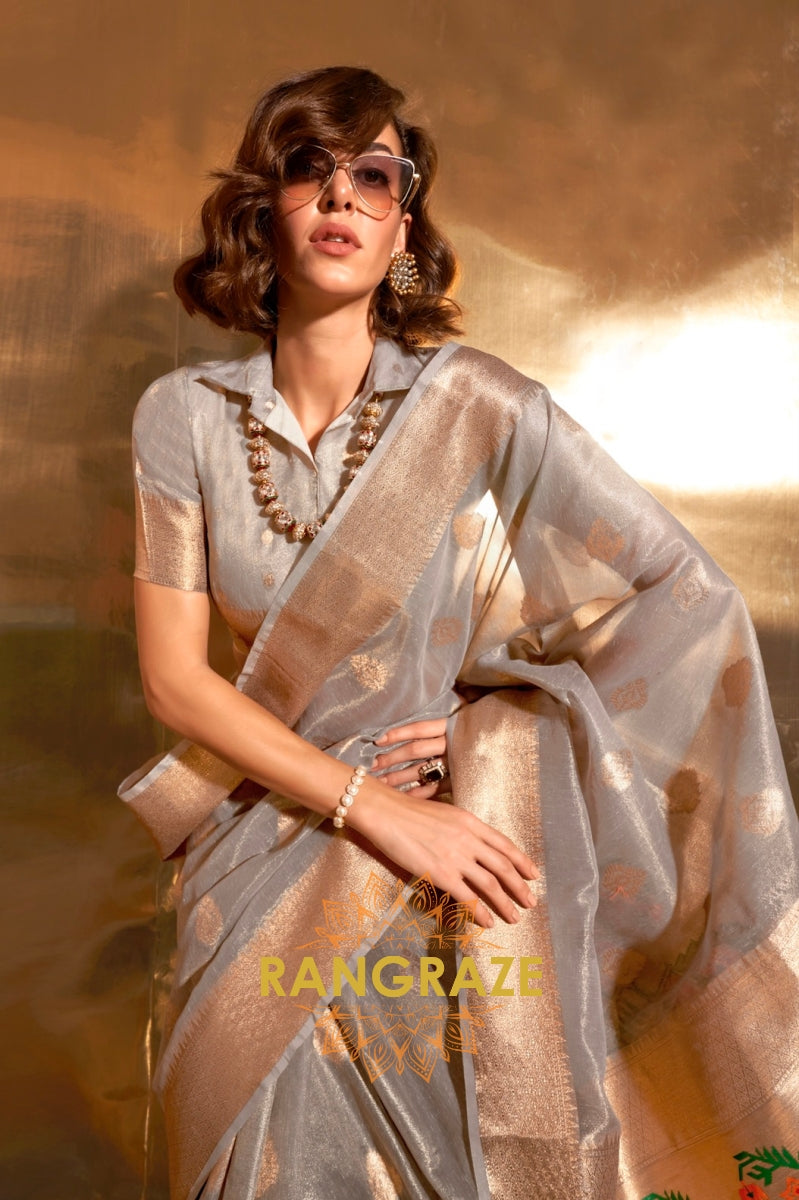 Vintage Golden Grey Woven Banarasi Tissue Silk Saree