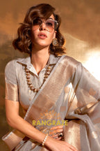 Vintage Golden Grey Woven Banarasi Tissue Silk Saree