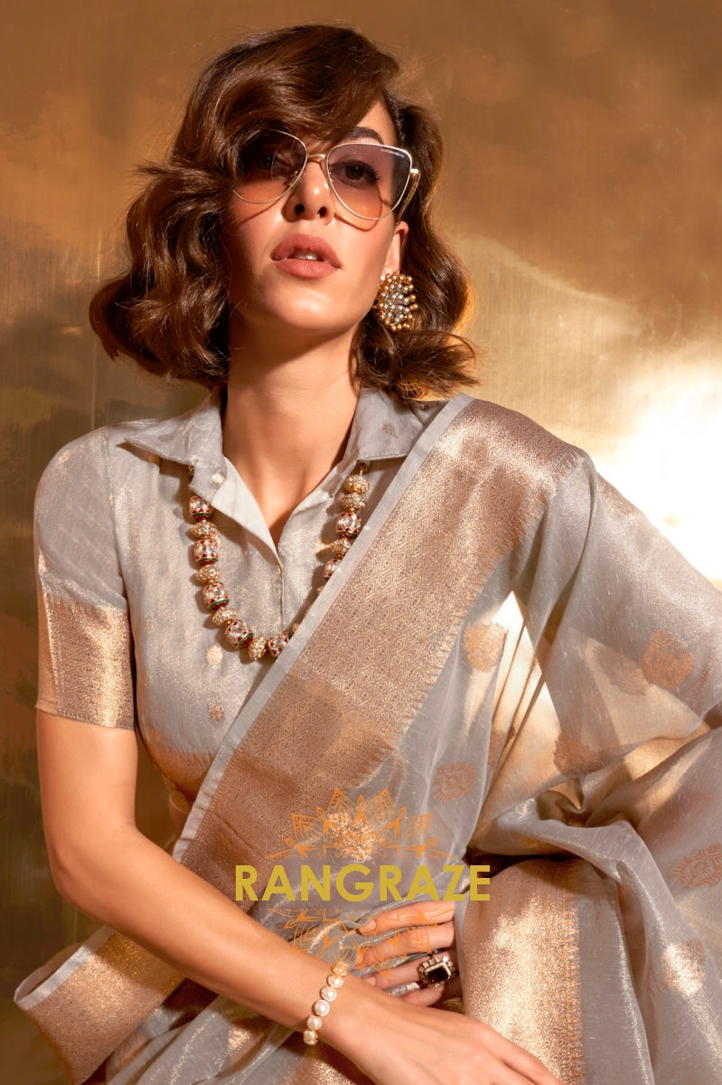 Vintage Golden Grey Woven Banarasi Tissue Silk Saree