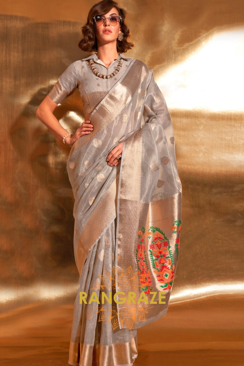 Vintage Golden Grey Woven Banarasi Tissue Silk Saree