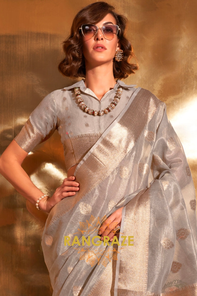 Vintage Golden Grey Woven Banarasi Tissue Silk Saree