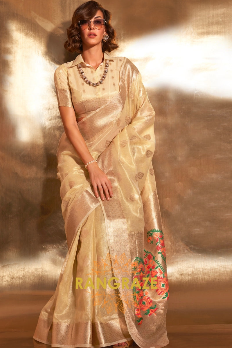 Vintage Golden Beige Woven Banarasi Tissue Silk Saree