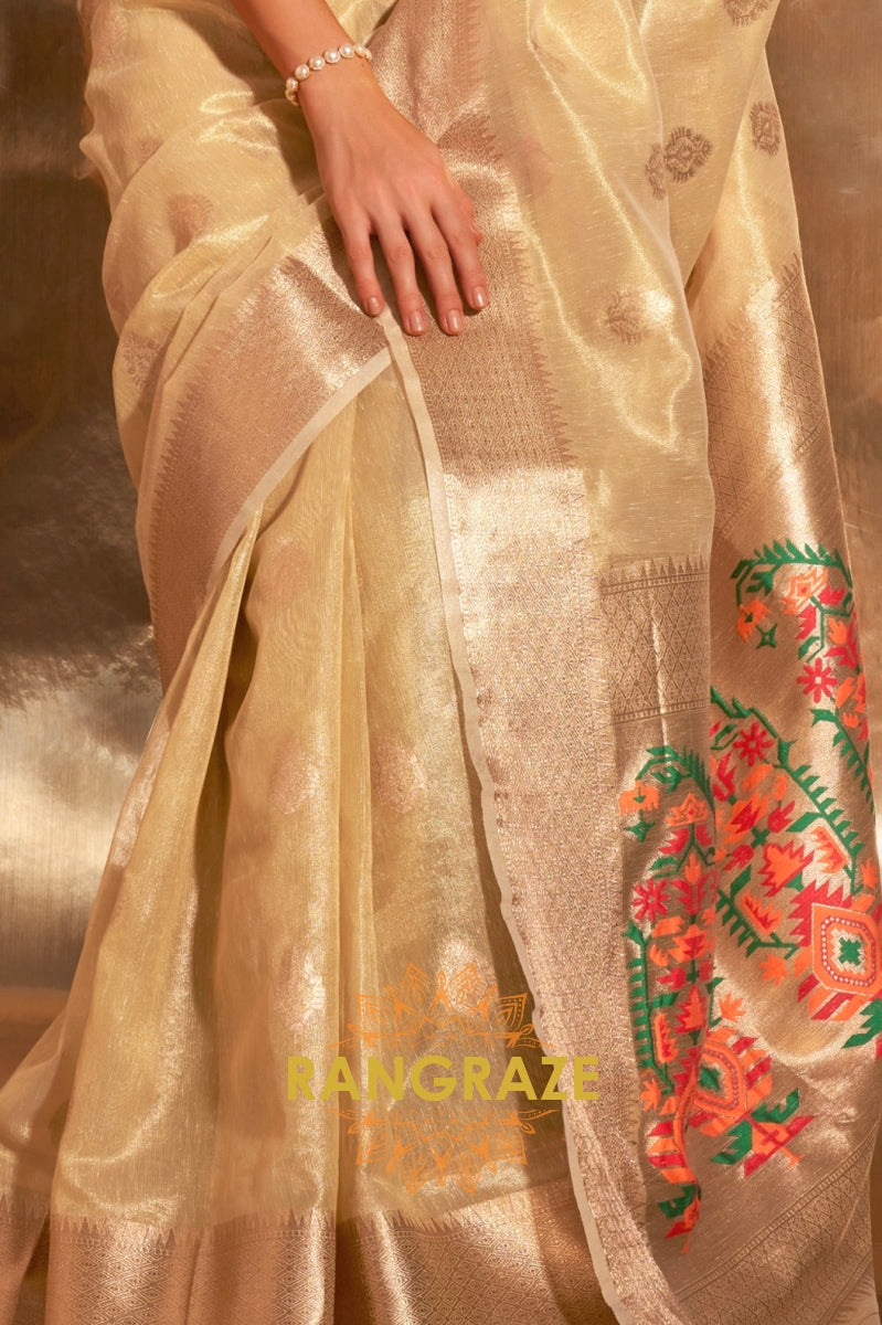 Vintage Golden Beige Woven Banarasi Tissue Silk Saree