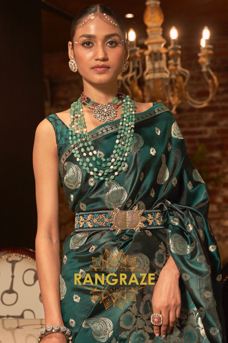 Seaweed Green Banarasi Woven Satin Silk Saree