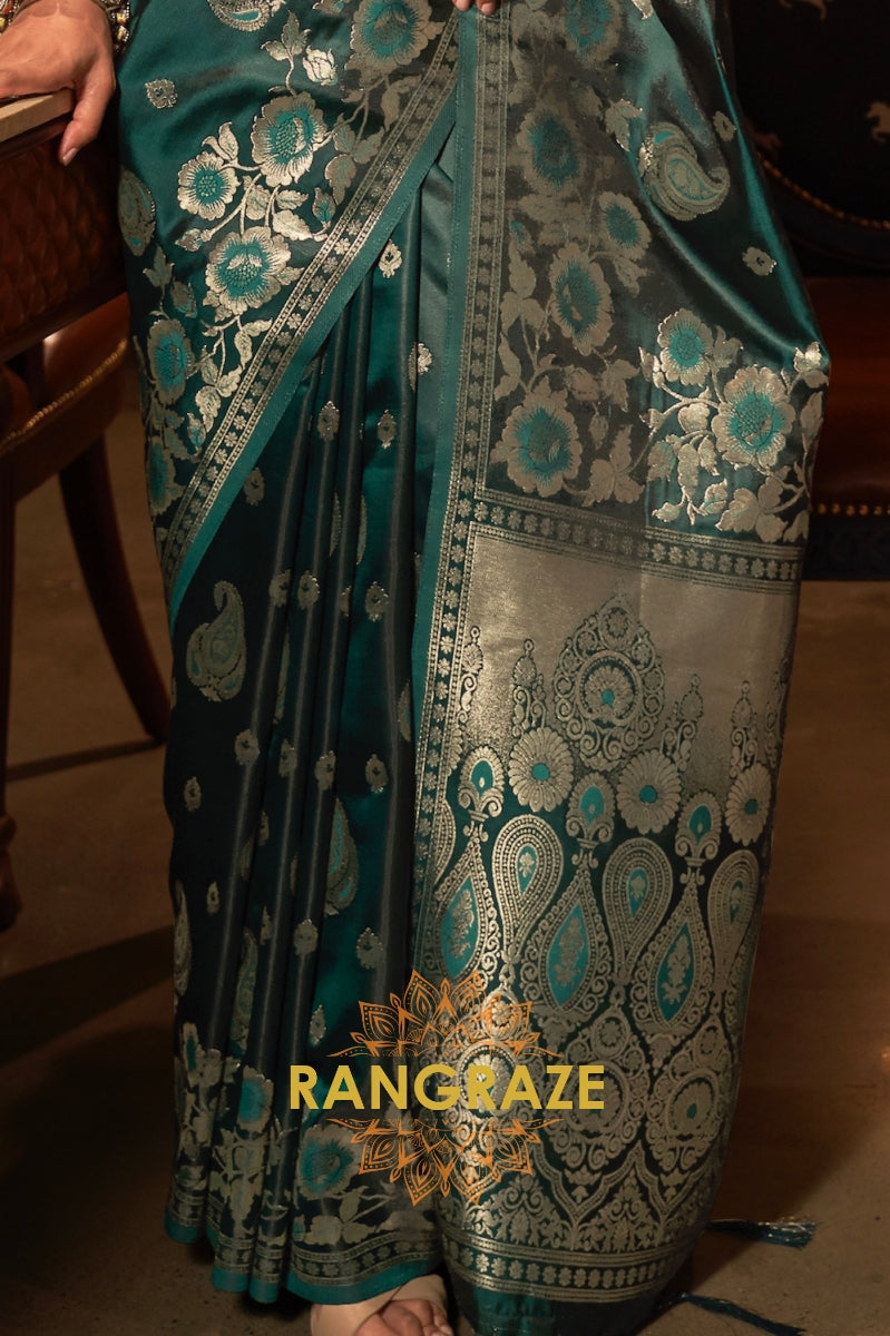 Seaweed Green Banarasi Woven Satin Silk Saree