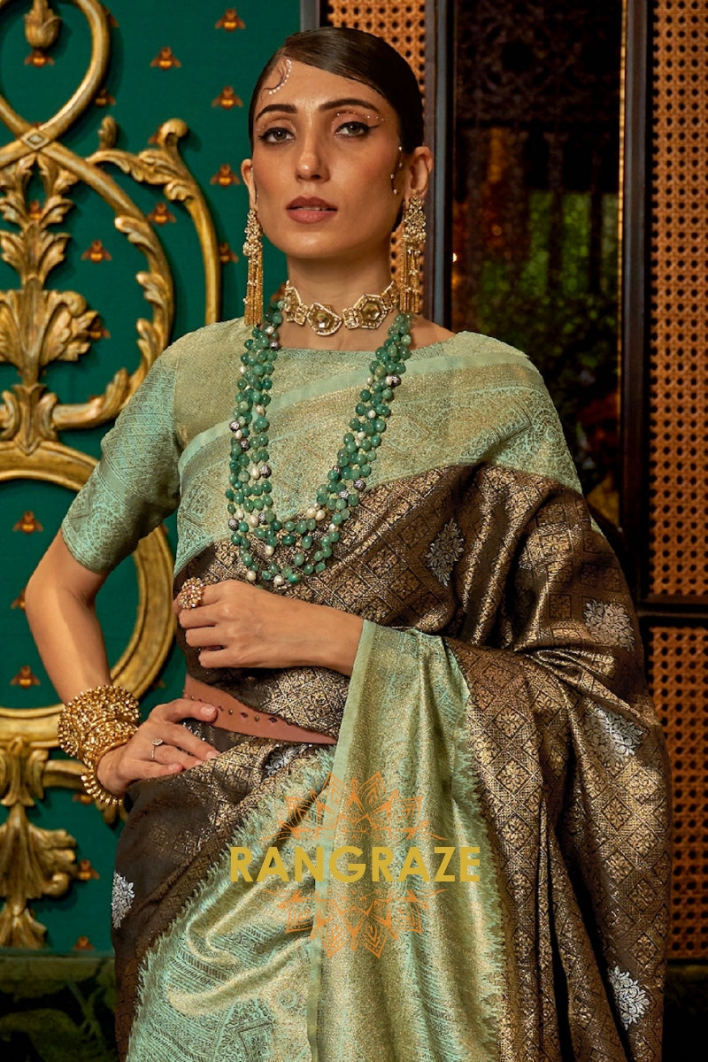 Majestic Green Woven Banarasi Tussar Silk Saree