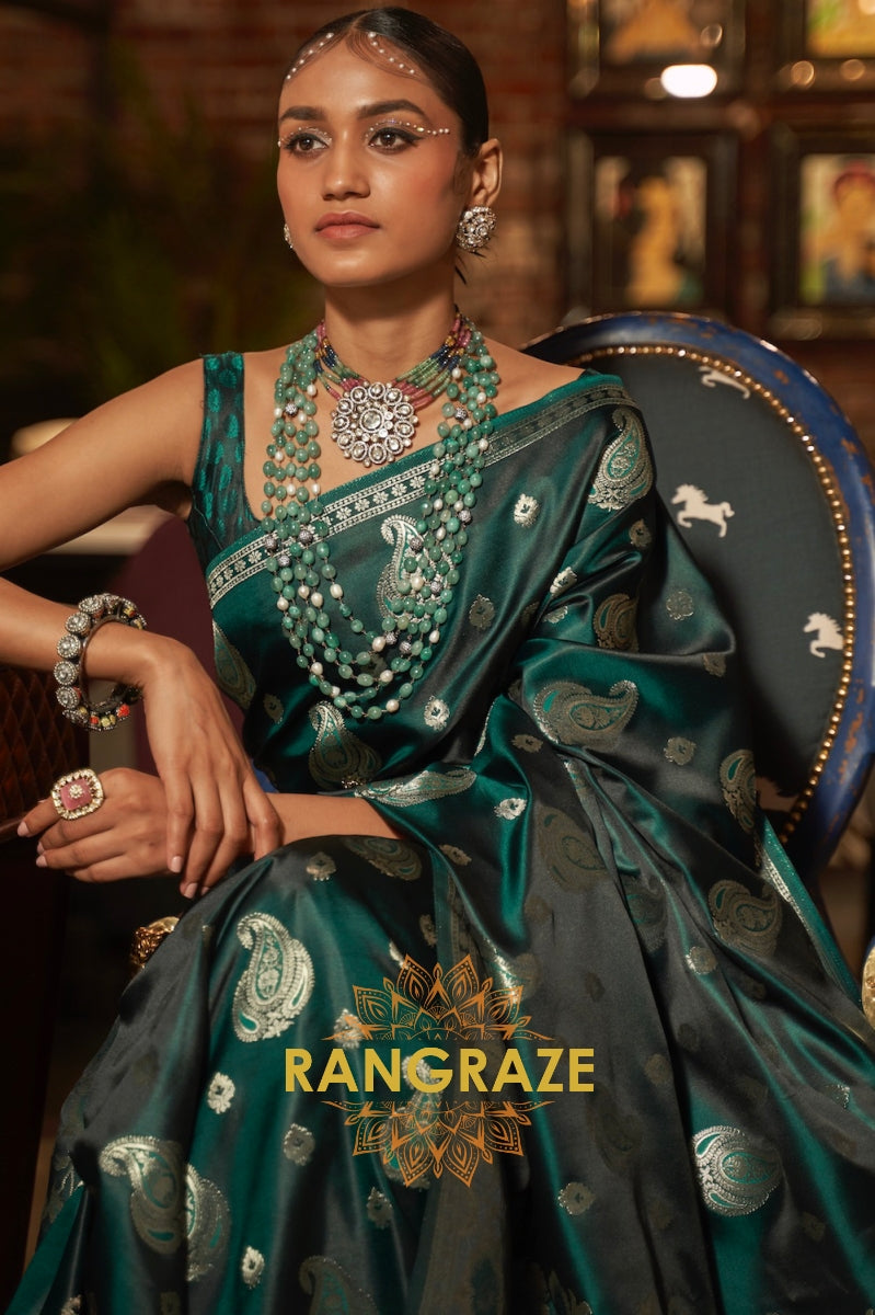 Seaweed Green Banarasi Woven Satin Silk Saree