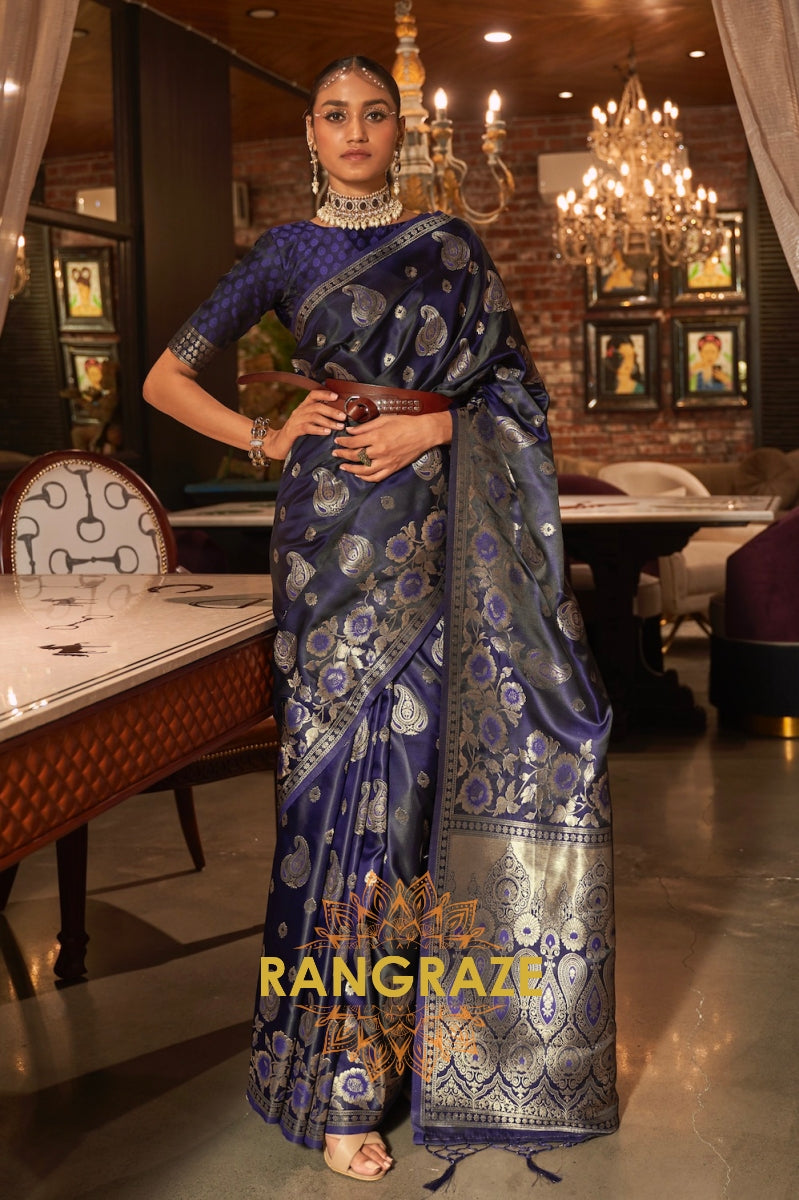 Indigo Blue Banarasi Woven Satin Silk Saree