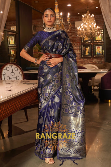 Indigo Blue Banarasi Woven Satin Silk Saree