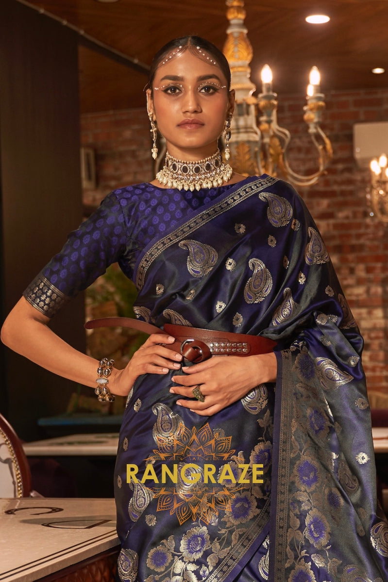 Indigo Blue Banarasi Woven Satin Silk Saree