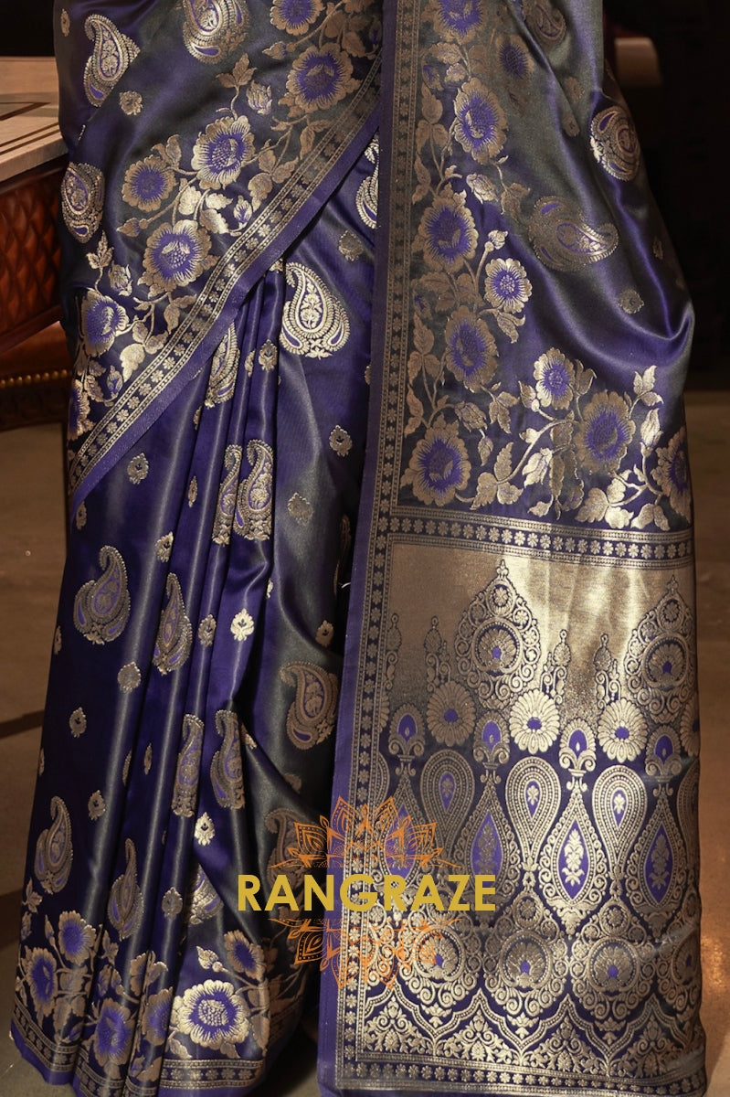 Indigo Blue Banarasi Woven Satin Silk Saree
