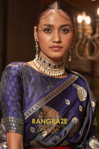 Indigo Blue Banarasi Woven Satin Silk Saree