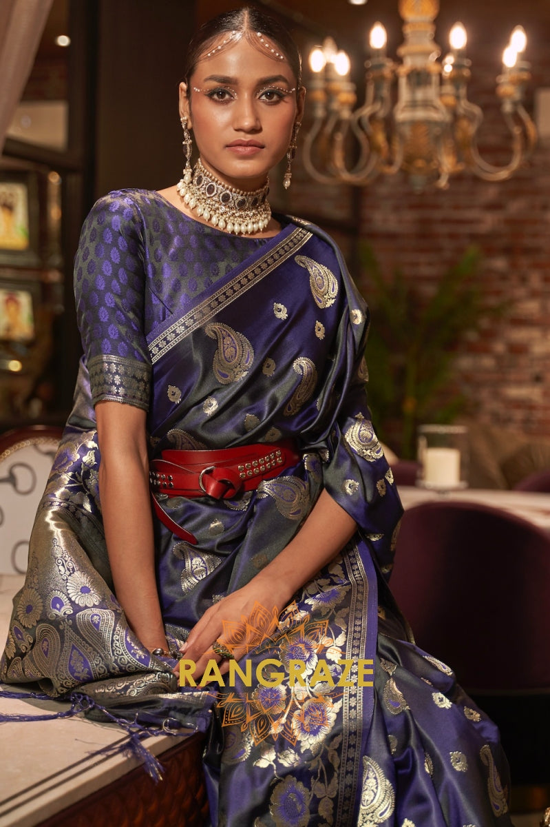 Indigo Blue Banarasi Woven Satin Silk Saree