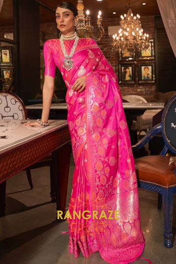 Hot Pink Banarasi Woven Satin Silk Saree