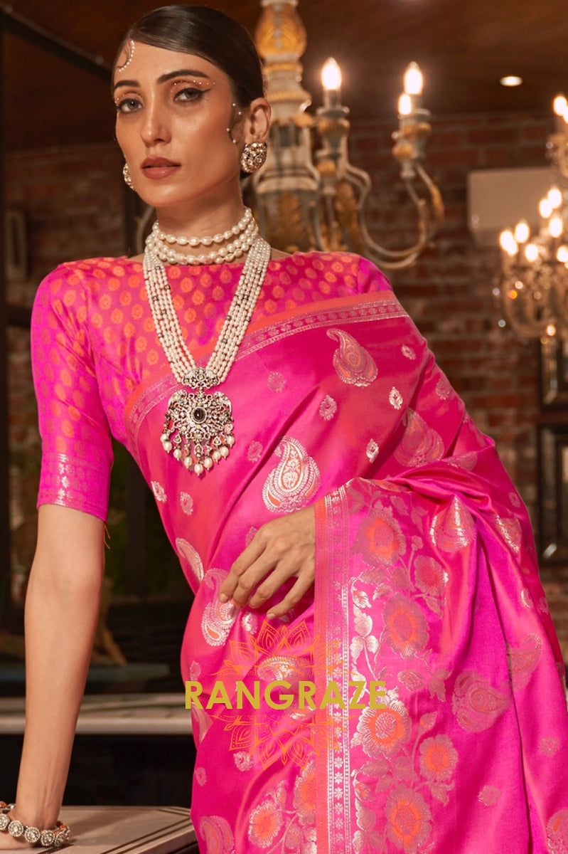 Hot Pink Banarasi Woven Satin Silk Saree