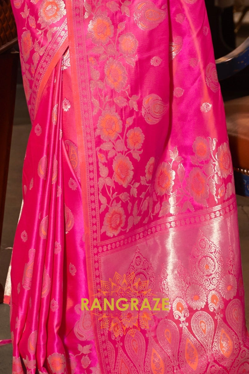 Hot Pink Banarasi Woven Satin Silk Saree