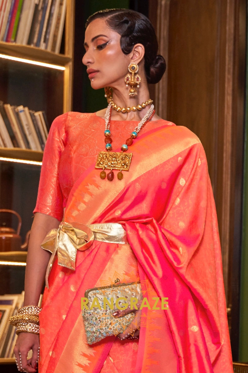 Festive Pink Woven Banarasi Soft Silk Saree