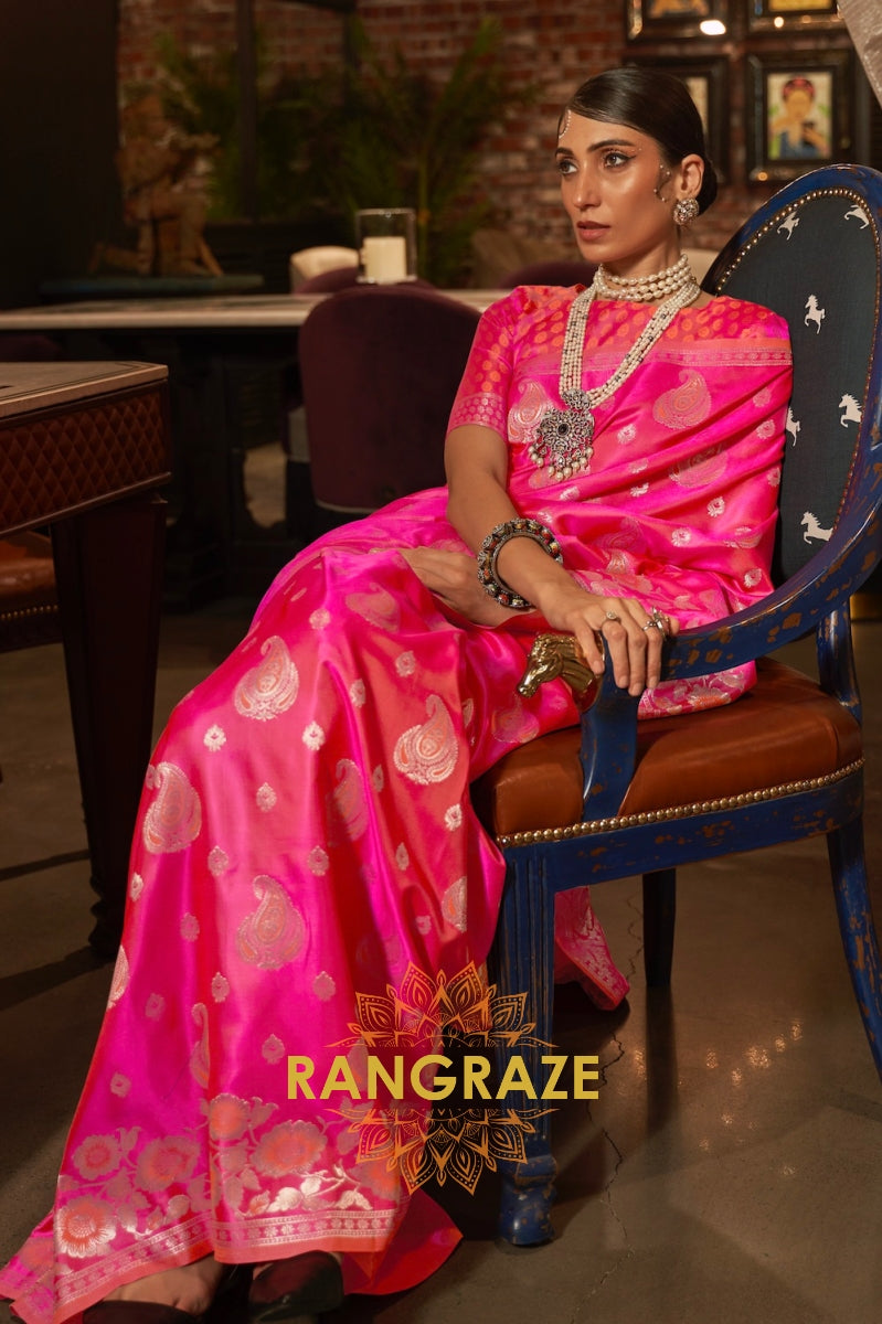 Hot Pink Banarasi Woven Satin Silk Saree