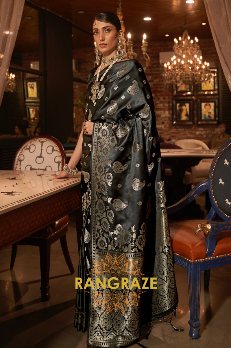 Metal Black Banarasi Woven Satin Silk Saree