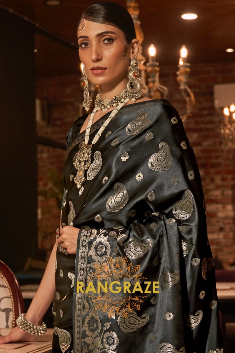Metal Black Banarasi Woven Satin Silk Saree