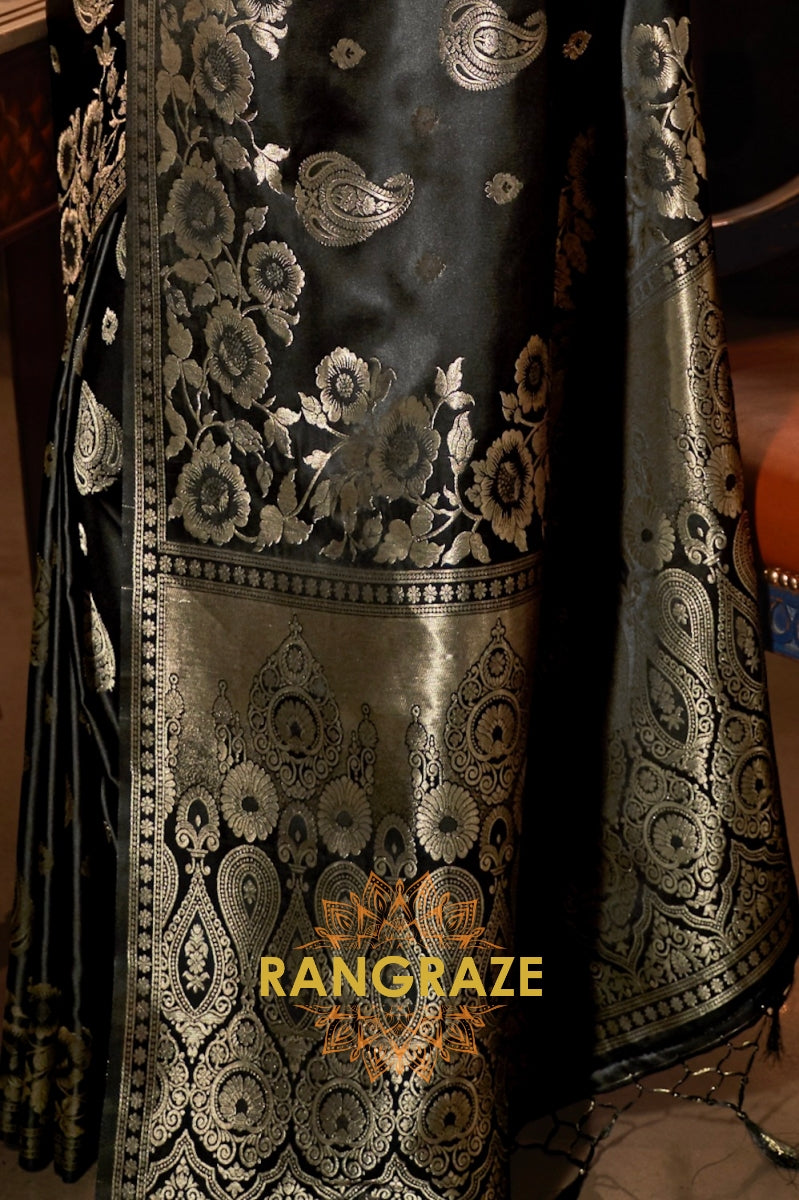 Metal Black Banarasi Woven Satin Silk Saree
