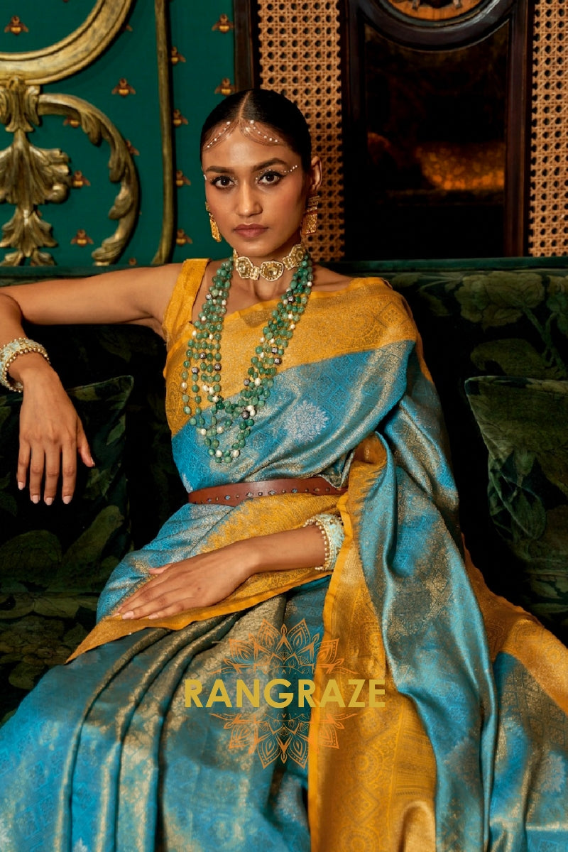 Majestic Yellowish Blue Woven Banarasi Tussar Silk Saree