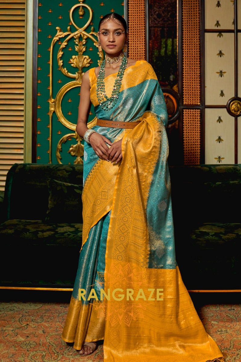 Majestic Yellowish Blue Woven Banarasi Tussar Silk Saree