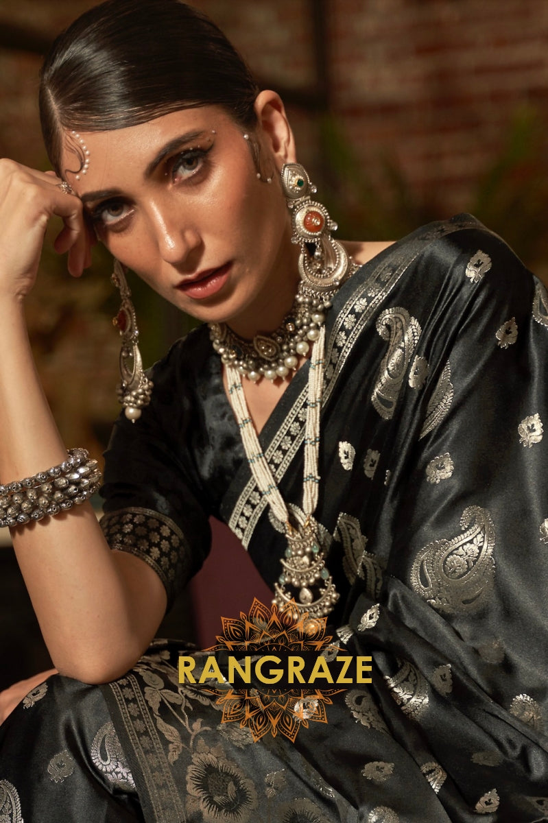 Metal Black Banarasi Woven Satin Silk Saree