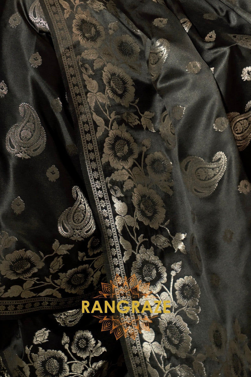 Metal Black Banarasi Woven Satin Silk Saree