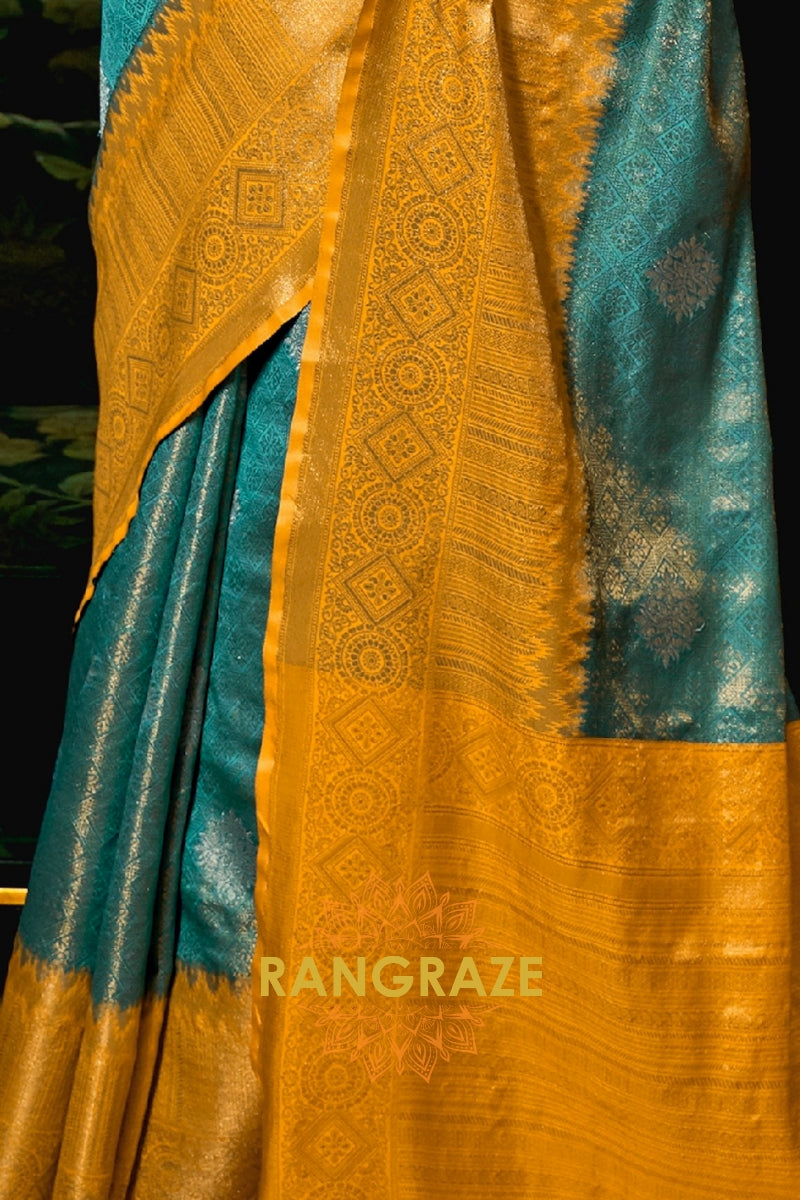 Majestic Yellowish Blue Woven Banarasi Tussar Silk Saree