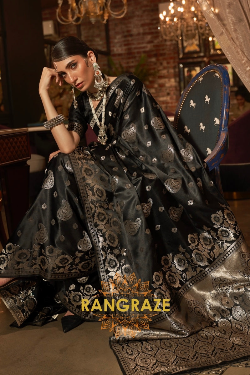 Metal Black Banarasi Woven Satin Silk Saree