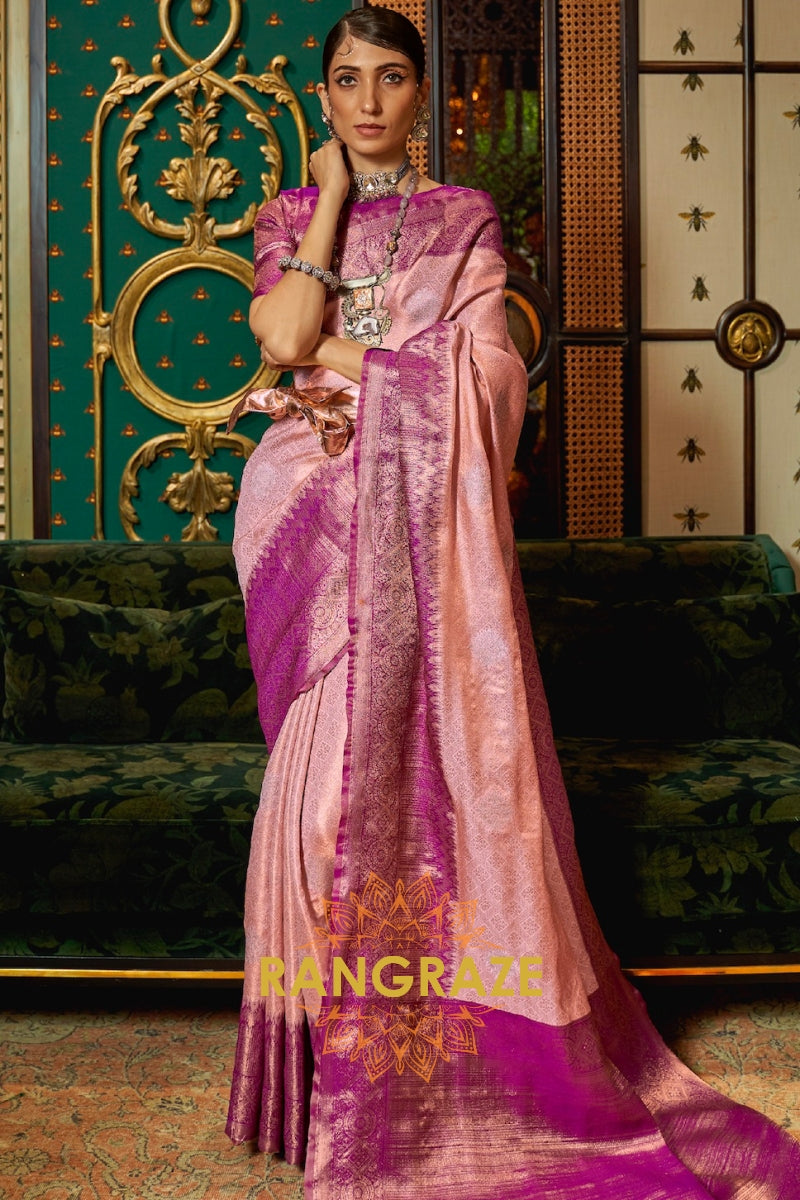 Majestic Purple Pink Woven Banarasi Tussar Silk Saree