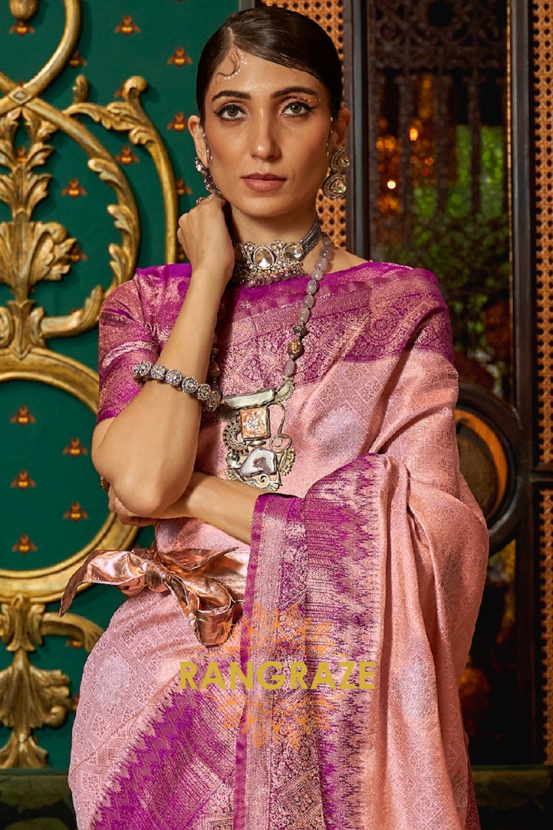Majestic Purple Pink Woven Banarasi Tussar Silk Saree