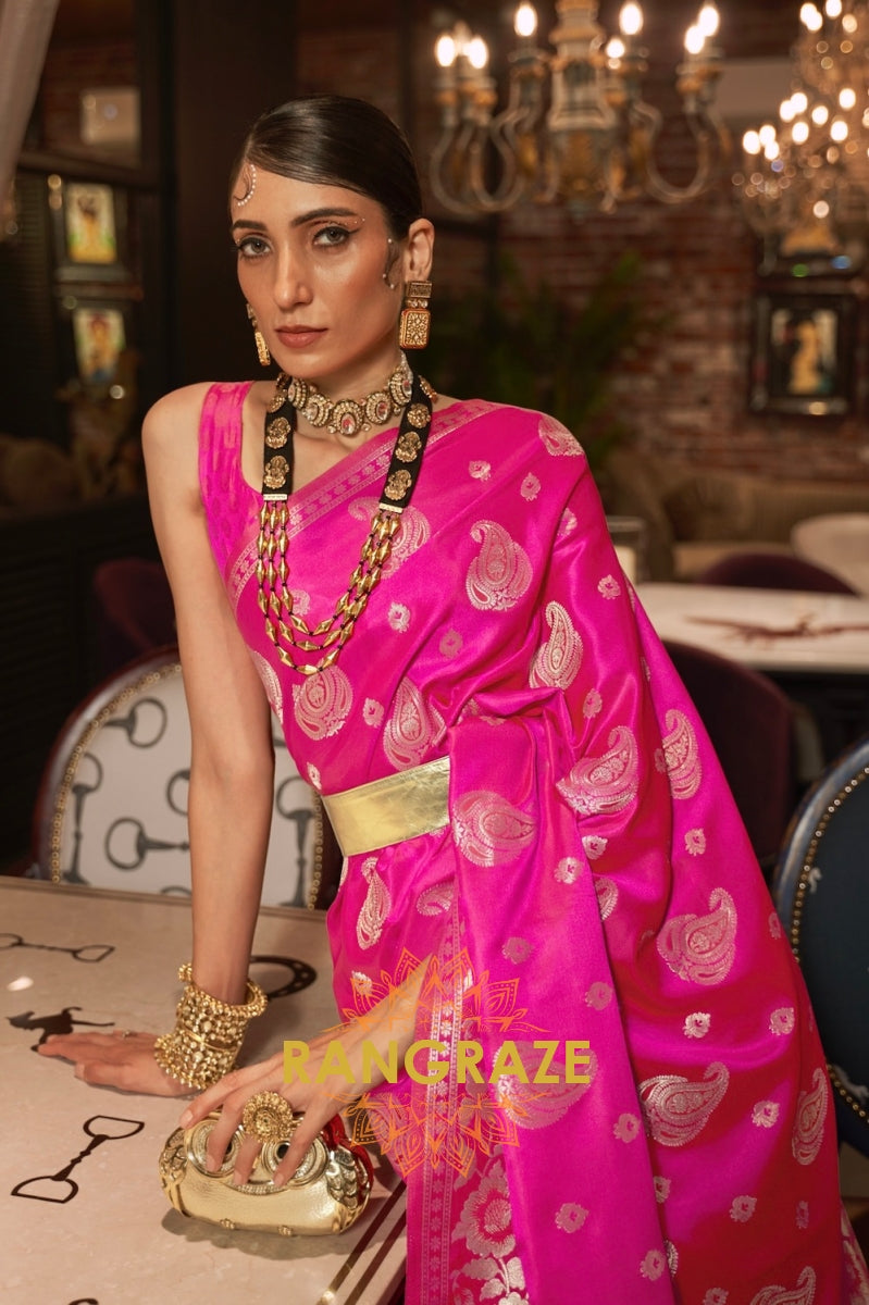 Deep Pink Banarasi Woven Satin Silk Saree